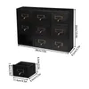 A black wooden organizer with multiple drawers and a separate drawer shown next to it, with dimensions indicated by text overlays. Podgląd zdjęcia produktu