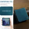 A collage of images showcasing a teal leather flip phone case, with text highlighting its features and a close-up of the case on a brown leather background. Produktbild-Vorschau