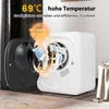 A white mini clothes dryer with its door open, showing clothes inside and heat waves emanating from it. Text overlays describe its features. Náhľad obrázku produktu