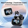 Two pairs of wireless earbuds with charging cases, one white and one black, displayed against a gradient background with abstract wavy lines. Produktbild-Vorschau
