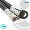 Close-up of a black braided hose with chrome fittings and a black rubber washer. Produktbild-Vorschau