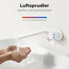 A white wall-mounted faucet with a white handle is shown, with water flowing into cupped hands below it. Text overlays describe features. Podgląd zdjęcia produktu