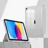 Two clear iPad cases are displayed on a marble surface against a white background. One iPad is shown in profile, standing upright with its screen facing the viewer, displaying a colorful abstract image. The second iPad is shown from the back, also standing Produktbild-Vorschau