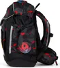 A black backpack with a geometric pattern of red and gray shapes, shown from a side-angle. Náhled obrázku produktu