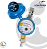 A water meter with a blue protective cap and various certifications and branding. Produktbild-Vorschau