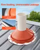 A roof pipe sealing boot installed on a corrugated metal roof, with close-up insets highlighting its features and suitability for different roof types. Podgląd zdjęcia produktu