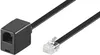 A black flat telephone cable with an RJ12 connector on one end and a black adapter on the other end. Produktbild-Vorschau