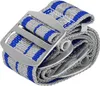 A coiled strap with a metal buckle, featuring gray and blue stripes. Produktbild-Vorschau