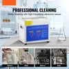 A collage showing an ultrasonic cleaner, its digital display, and before/after cleaning results of a beaker and metal parts. Produktbild-Vorschau