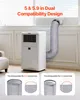 A portable air conditioner unit connected to a window vent via an exhaust hose, with close-up insets demonstrating exhaust hose compatibility. Anteprima dell’immagine prodotto