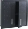 A dark gray metal cabinet with two sliding doors, one of which is slightly ajar, revealing a shelf inside. The cabinet has a textured diamond pattern on its doors and silver handles. Voir les images du produit
