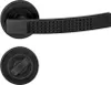 A black door handle set, including a lever handle and a privacy lock knob, is displayed against a white background. Produktbild-Vorschau