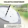 A white planter with a drill bit creating drainage holes, surrounded by marketing text and graphics. Produktbild-Vorschau