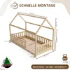 A diagram of a wooden house bed with dimensions and features indicated. Produktbild-Vorschau