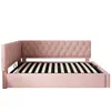 A pink upholstered bed frame with a tufted headboard and a slatted base, shown from the side against a white background. Produktbild-Vorschau