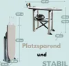 An ironing board and an ironing station are shown with dimensions and descriptive text. Produktbild-Vorschau