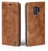 A brown leather flip case for a Samsung Galaxy S9 phone, shown from two angles. Produktbild-Vorschau