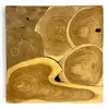 A close-up view of a wooden mosaic table surface, showcasing the natural wood grain and circular patterns of cut tree trunks. Produktbild-Vorschau