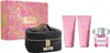 A Versace Bright Crystal Eau De Toilette gift set including a makeup bag, two lotions, and a perfume bottle, displayed on a white background. Podgląd zdjęcia produktu