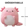 A pink axolotl plush toy with a size indicator. Produktbild-Vorschau