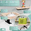 A display of a wooden shelf system for organizing children's room items, including a charging station, headphones, and Tonies figures. Produktbild-Vorschau