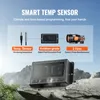 A marketing image showing a smart temperature sensor device with its components and features highlighted, set against a mountainous backdrop. Podgląd zdjęcia produktu