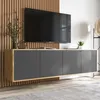 A modern TV cabinet with a wall-mounted television above it, set against a slatted wood paneling background. Produktbild-Vorschau