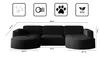 A diagram of a black sectional sofa with dimensions and feature icons. Produktbild-Vorschau