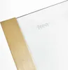 A close-up of a shower door with a brushed gold frame and a white panel, featuring a subtle logo. Náhľad obrázku produktu