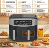 A collage featuring a black and gray dual-zone air fryer with a control panel, alongside images of food such as fried chicken, steak, and shrimp. Produktbild-Vorschau