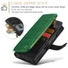 A close-up marketing image of a black leather wallet-style phone case with a green zipper compartment, showing its features. Produktbild-Vorschau
