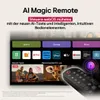 A television screen displaying a smart TV interface with various app icons and recommended content, alongside a remote control. Produktbild-Vorschau