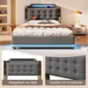 A collage of images showing a bed with LED lighting and storage, with close-ups of its features. Podgląd zdjęcia produktu
