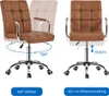 A split image showing a brown office chair from two different angles, with annotations indicating its features. Produktbild-Vorschau