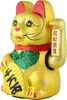 A golden Maneki Neko cat figurine with red and green accents, holding a gold ingot. Produktbild-Vorschau