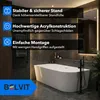 A modern bathroom with a freestanding bathtub, featuring marketing text overlays highlighting product features. Produktbild-Vorschau
