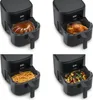 A collage of four images showing an air fryer with different foods inside. Produktbild-Vorschau