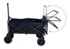 A black folding wagon with extra-wide off-road tires is shown against a white background. The image highlights the wagon's foldable design with an illustration showing the handle in multiple positions. Produktbild-Vorschau