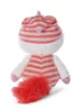 The back view of a plush unicorn toy with a striped hooded outfit and a fluffy red tail. Produktbild-Vorschau