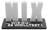 A 3D-printed desk ornament with the letters NIX and a slogan below. Produktbild-Vorschau