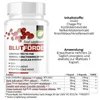 A bottle of Blutforde food supplement with text and a table of ingredients and usage instructions. Produktbild-Vorschau