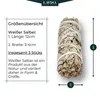 A size chart and product image for white sage sticks. Produktbild-Vorschau
