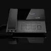 A modern black VoIP phone with a digital display and handset, set against a dark background. Produktbild-Vorschau