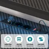 A close-up of a power strip with AC outlets and USB ports, with feature icons below. Produktbild-Vorschau
