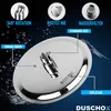 A shower head with various features highlighted by text overlays and icons. Produktbild-Vorschau