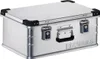 A silver aluminum storage box with black corner protectors and latches, placed on a white background. Podgląd zdjęcia produktu