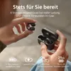 A person is holding a pair of black wireless earbuds and a charging case. Voir les images du produit