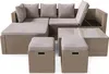 A sectional outdoor sofa set with a coffee table and two ottomans, displayed on a white background. Produktbild-Vorschau