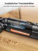Close-up of a cordless vacuum cleaner with a transparent dustbin showing internal airflow, placed on a wooden floor with scattered debris. Produktbild-Vorschau