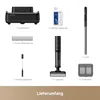 A flat lay of a vacuum cleaner and its accessories, with German text labels. Produktbild-Vorschau